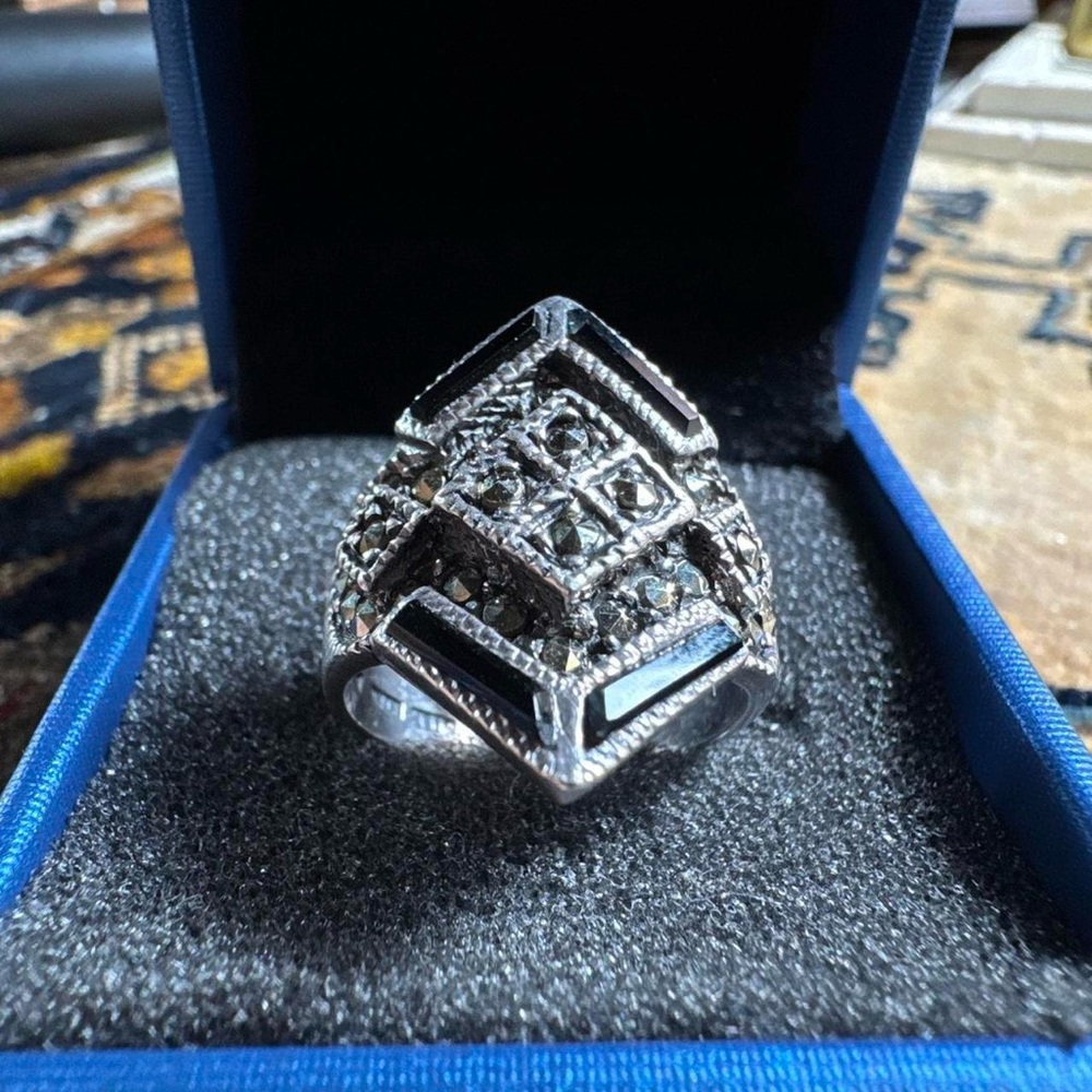 925 Sterling Silver Art Deco Ring Marcasite Black
Onyx Statement Ring Size 6.5